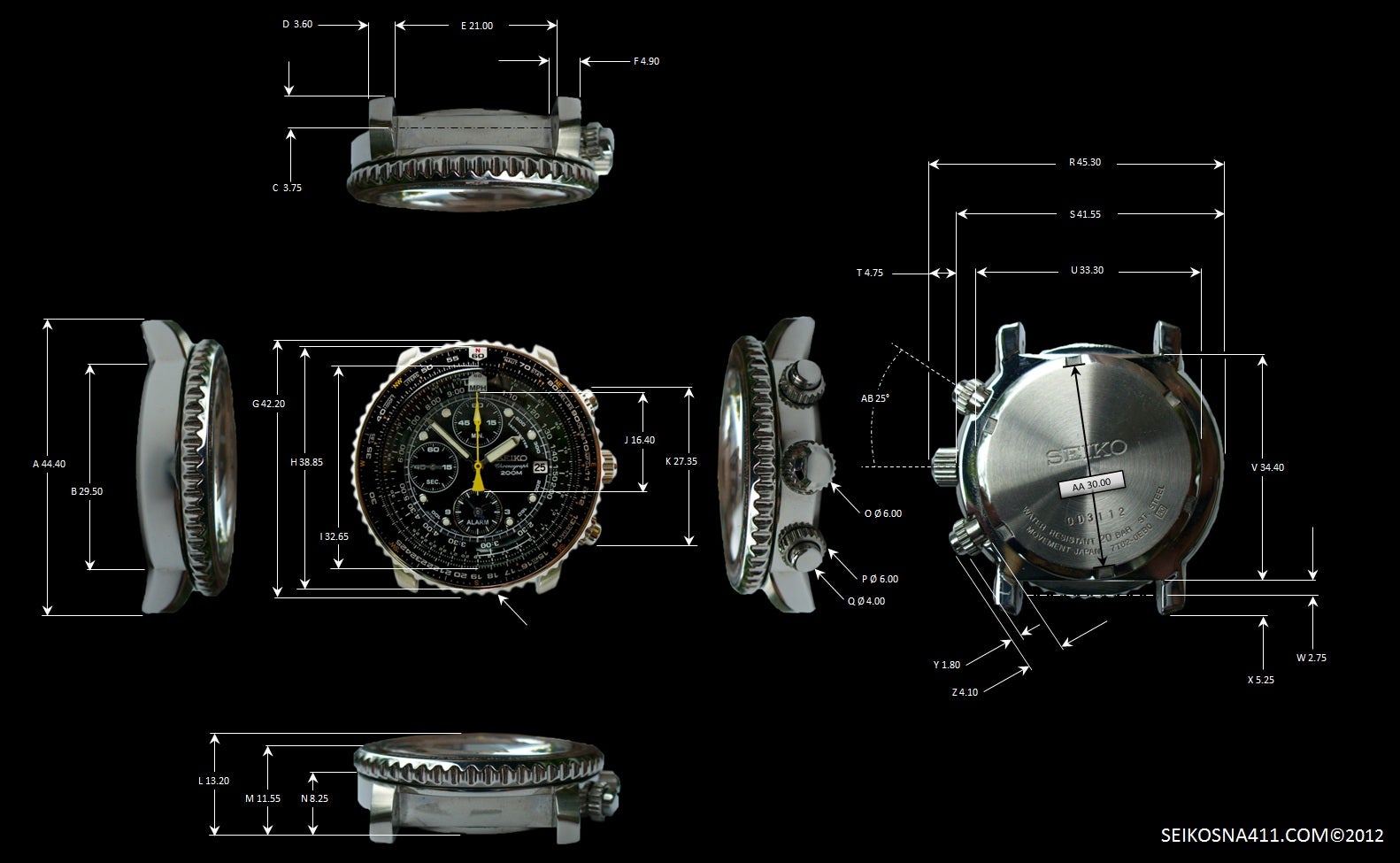 Full dimensions of the Seiko SNA411 Pilot's Chronograph | WatchUSeek Watch  Forums